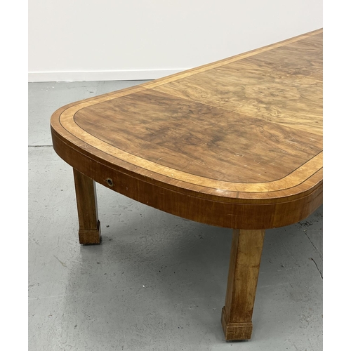 208 - DINING/BOARDROOM TABLE, Art Deco walnut and burr walnut banded with three leaves and square supports... 