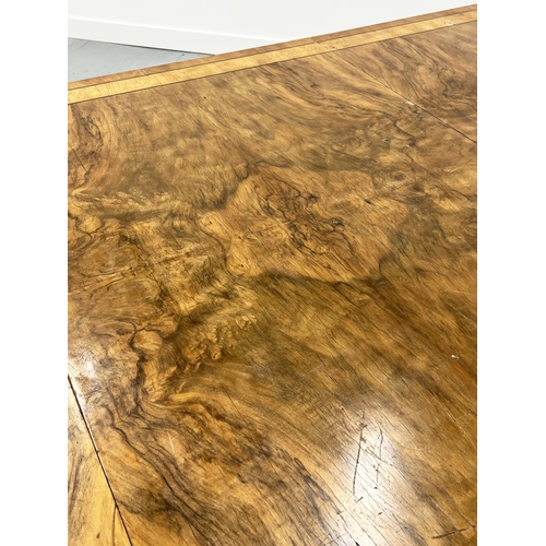 208 - DINING/BOARDROOM TABLE, Art Deco walnut and burr walnut banded with three leaves and square supports... 