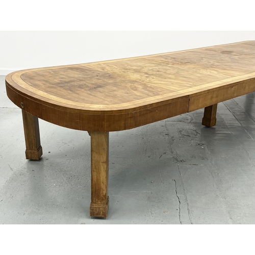 208 - DINING/BOARDROOM TABLE, Art Deco walnut and burr walnut banded with three leaves and square supports... 