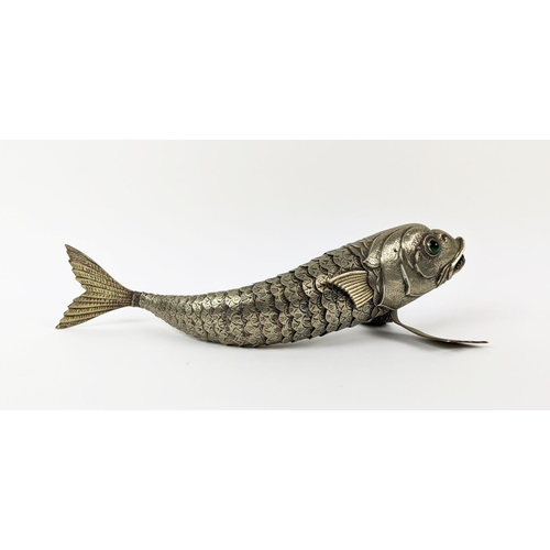 20A - AN ARTICULATED MODEL OF A FISH, 20th Century, silver plated, green glass cabouchon eyes, 36cm long