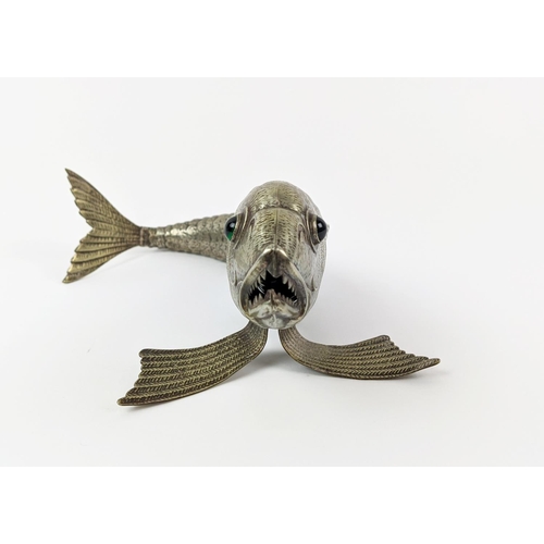 20A - AN ARTICULATED MODEL OF A FISH, 20th Century, silver plated, green glass cabouchon eyes, 36cm long