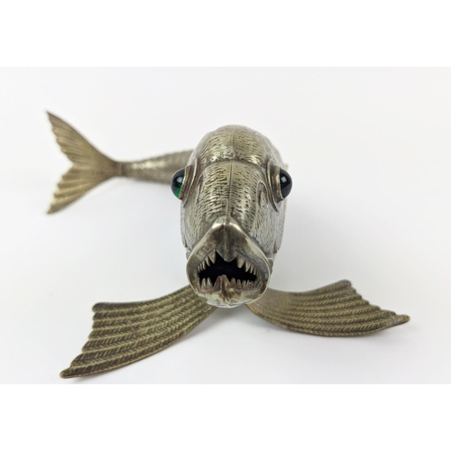 20A - AN ARTICULATED MODEL OF A FISH, 20th Century, silver plated, green glass cabouchon eyes, 36cm long