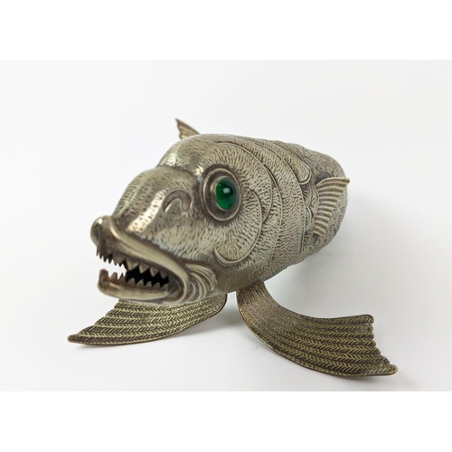 20A - AN ARTICULATED MODEL OF A FISH, 20th Century, silver plated, green glass cabouchon eyes, 36cm long