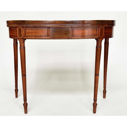 210 - SATINWOOD CARD TABLE, George III period satinwood and rosewood banded with baize lined foldover top ... 