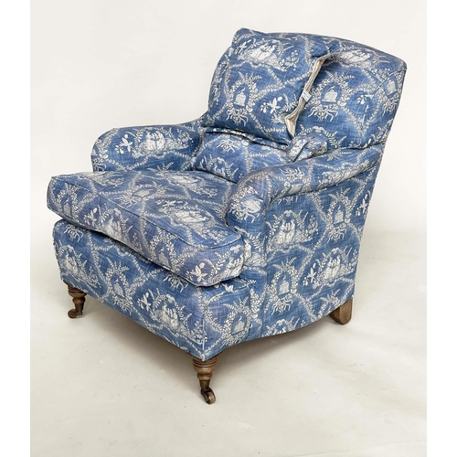 211 - PIERRE FREY ARMCHAIR, Howard style, rounded arms, feather cushion and turned front supports, with Pi... 