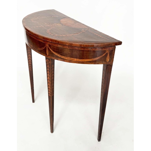 215 - DEMI LUNE SIDE TABLE, George III, probably Irish, fiddle back mahogany and satinwood marquetry inlai... 