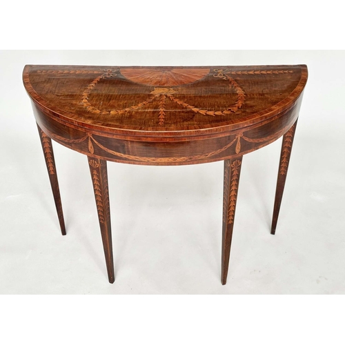 215 - DEMI LUNE SIDE TABLE, George III, probably Irish, fiddle back mahogany and satinwood marquetry inlai... 