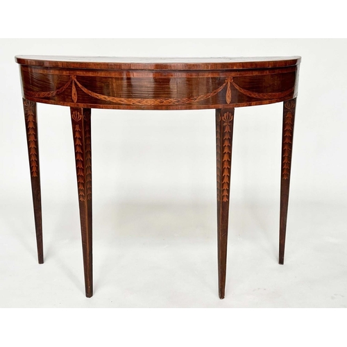 215 - DEMI LUNE SIDE TABLE, George III, probably Irish, fiddle back mahogany and satinwood marquetry inlai... 