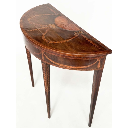 215 - DEMI LUNE SIDE TABLE, George III, probably Irish, fiddle back mahogany and satinwood marquetry inlai... 