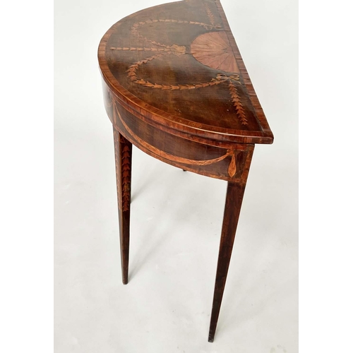 215 - DEMI LUNE SIDE TABLE, George III, probably Irish, fiddle back mahogany and satinwood marquetry inlai... 