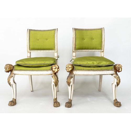 216 - SIDE CHAIRS, a pair, English Country House, early 19th century grey painted and parcel gilt with car... 