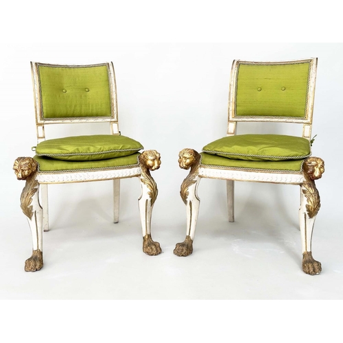 216 - SIDE CHAIRS, a pair, English Country House, early 19th century grey painted and parcel gilt with car... 