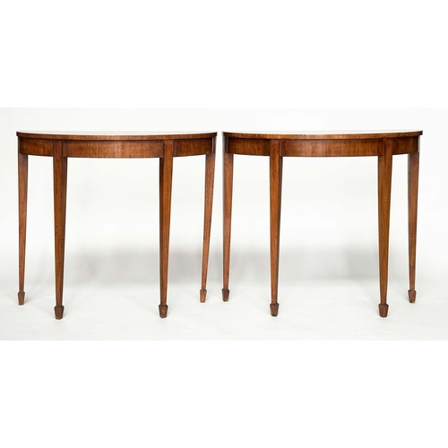 218 - PIER TABLES, a pair, George III design satinwood and crossbanded each demilune with square tapering ... 