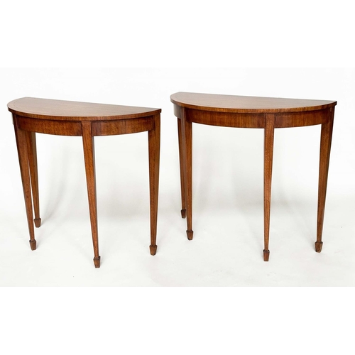 218 - PIER TABLES, a pair, George III design satinwood and crossbanded each demilune with square tapering ... 