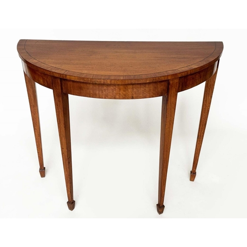 218 - PIER TABLES, a pair, George III design satinwood and crossbanded each demilune with square tapering ... 