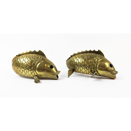 21A - TWO CARP FISH FIGURES, solid brass, open mouthed, black cabouchon eyes, 21cm long (2)