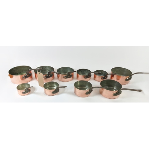 22 - BATTERIE DE CUISINE, French copper two graduated sets of five. (10)