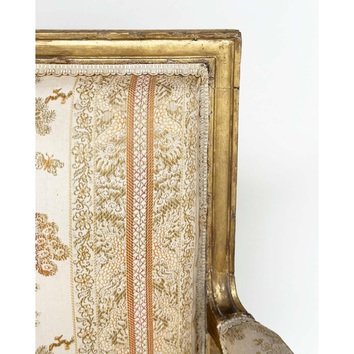 221 - FAULTEUILS, a pair, 19th century giltwood each with down swept arms and carved fluted supports, 60cm... 