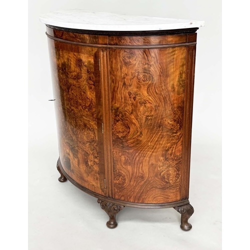 222 - DEMI LUNE PIER CABINET, early 20th century burr walnut with variegated Carrara white marble top and ... 