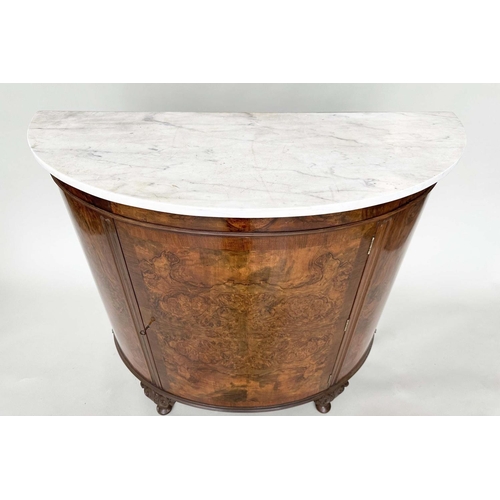 222 - DEMI LUNE PIER CABINET, early 20th century burr walnut with variegated Carrara white marble top and ... 