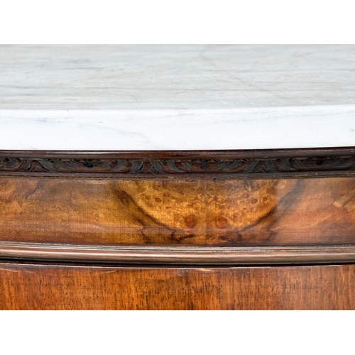 222 - DEMI LUNE PIER CABINET, early 20th century burr walnut with variegated Carrara white marble top and ... 