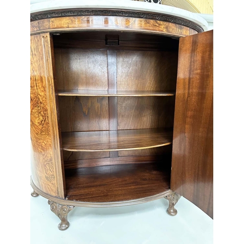 222 - DEMI LUNE PIER CABINET, early 20th century burr walnut with variegated Carrara white marble top and ... 