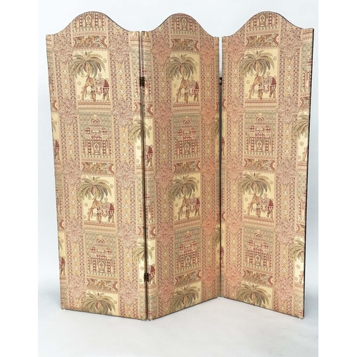 223 - SCREEN, three fold arched 'Raj' fabric, upholstered with elephants and palm trees and brass studded,... 