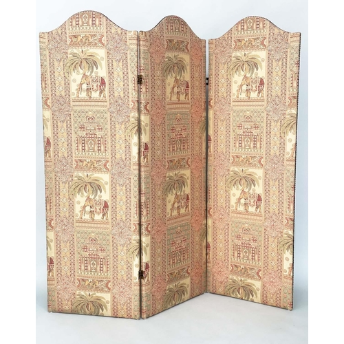 223 - SCREEN, three fold arched 'Raj' fabric, upholstered with elephants and palm trees and brass studded,... 