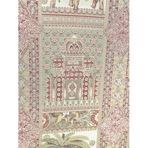 223 - SCREEN, three fold arched 'Raj' fabric, upholstered with elephants and palm trees and brass studded,... 