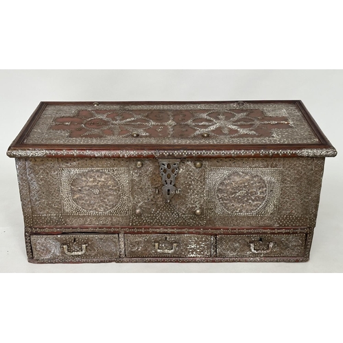 224 - ZANZIBAR CHEST, 19th century Moorish hardwood and allover brass studded with rising lid, candlebox a... 