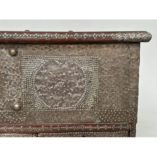 224 - ZANZIBAR CHEST, 19th century Moorish hardwood and allover brass studded with rising lid, candlebox a... 