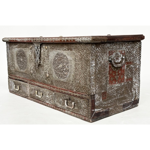 224 - ZANZIBAR CHEST, 19th century Moorish hardwood and allover brass studded with rising lid, candlebox a... 