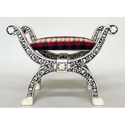 226 - WINDOW SEAT, Moorish style bone star and mosaic inlaid with Kelim upholstered cushion, 72cm W x 37cm... 