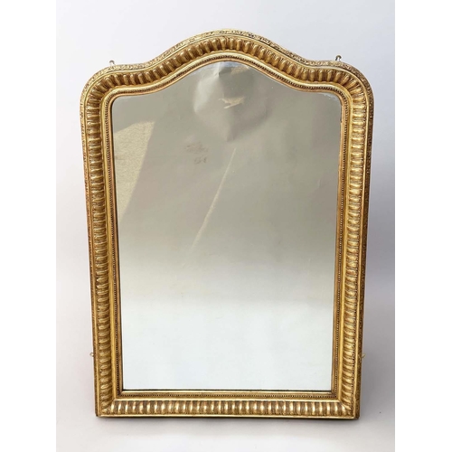 234 - WALL MIRROR, 19th century French giltwood and gesso with raised arch and beaded frame, 130cm H x 89c... 