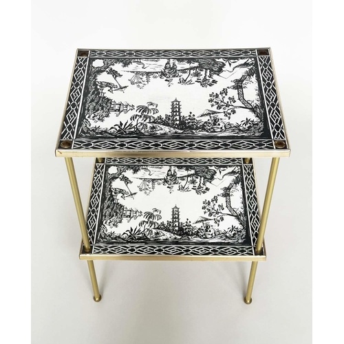 235 - ETAGERES, a pair, Regency style, gilt metal each with two tiers and scenes depicting black and white... 