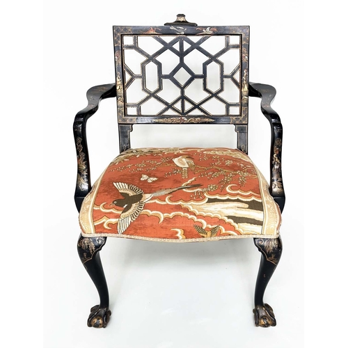 236 - CHINESE CHIPPENDALE STYLE ARMCHAIR, lacquered and hand painted polychrome and gilt Chinoiserie decor... 