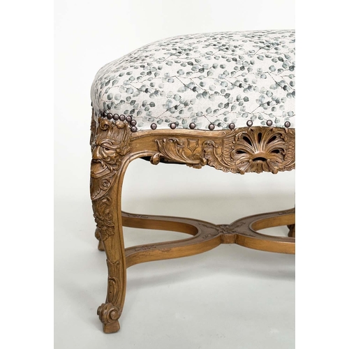 240 - WINDOW SEAT, French caved walnut with lion mask detail and eucalyptus print upholstery, 113cm W x 40... 