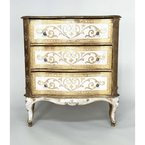 241 - FLORENTINE COMMODE, Italian white painted and parcel gilt of serpentine form with three drawers, 79c... 