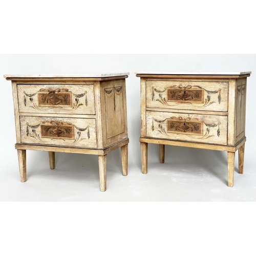 243 - COMMODINOS, a pair, Italian 18th century style, each with marble top and two neoclassically painted ... 