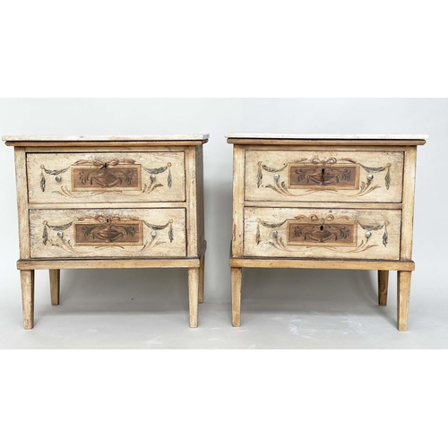 243 - COMMODINOS, a pair, Italian 18th century style, each with marble top and two neoclassically painted ... 