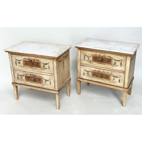 243 - COMMODINOS, a pair, Italian 18th century style, each with marble top and two neoclassically painted ... 