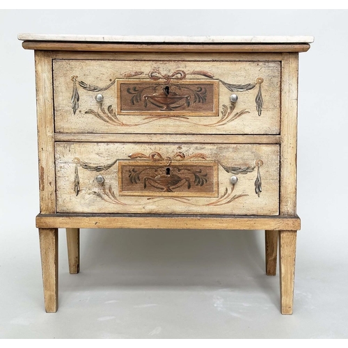 243 - COMMODINOS, a pair, Italian 18th century style, each with marble top and two neoclassically painted ... 