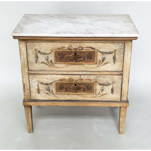 243 - COMMODINOS, a pair, Italian 18th century style, each with marble top and two neoclassically painted ... 