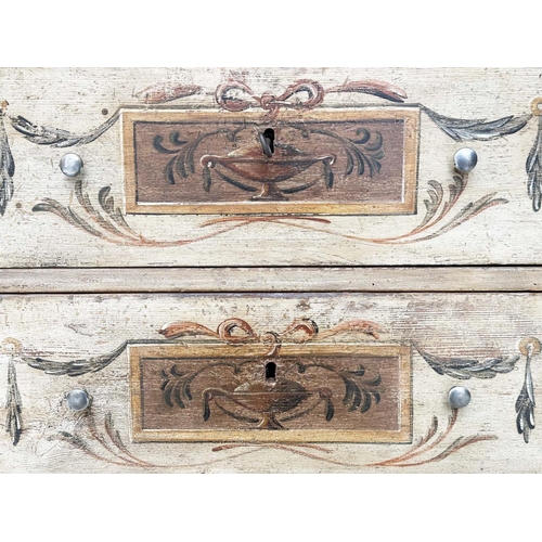 243 - COMMODINOS, a pair, Italian 18th century style, each with marble top and two neoclassically painted ... 