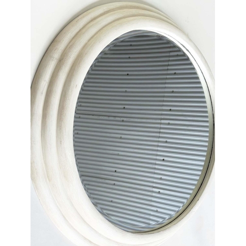 246 - CIRCULAR WALL MIRROR, grey Bibendum style with bevelled glass, 110cm W.