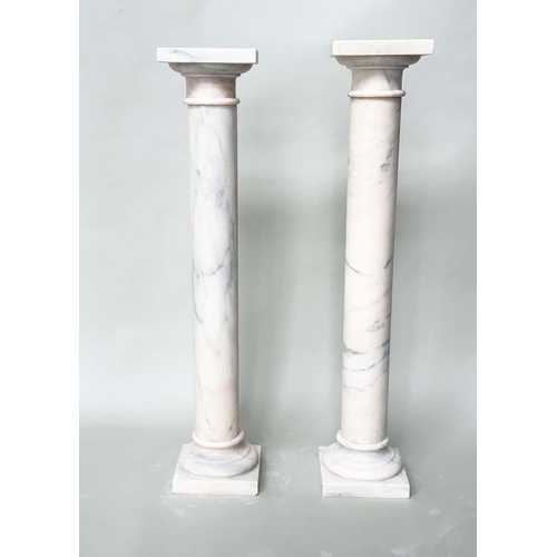 253 - COLUMNS, a pair, Italian alabaster cylindrical with square tops and bases, 20cm W x 102cm H. (2)