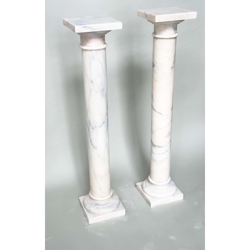 253 - COLUMNS, a pair, Italian alabaster cylindrical with square tops and bases, 20cm W x 102cm H. (2)