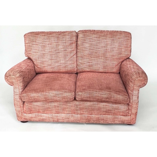 255 - SOFA, two seater, with herringbone weave upholstery and rounded arms, 148cm W.