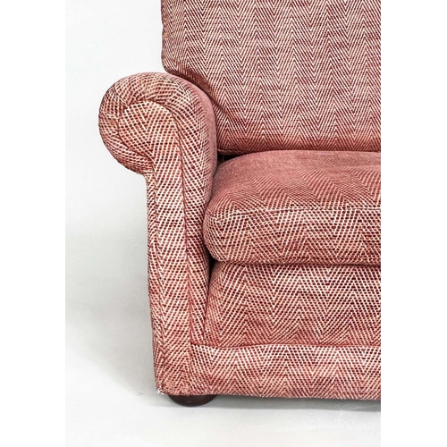 255 - SOFA, two seater, with herringbone weave upholstery and rounded arms, 148cm W.