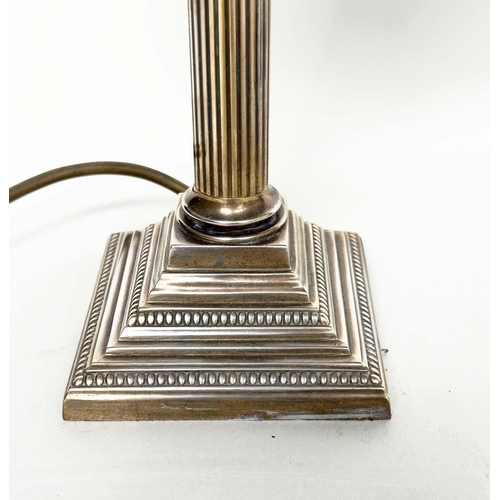 256 - TABLE LAMPS, a pair, silvered metal with reeded Corinthian columns and stepped bases, with shades 50... 